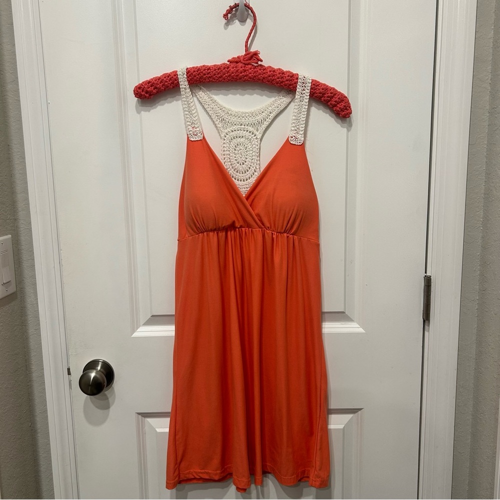 Derek Heart Coral Dress with White Crochet Accent